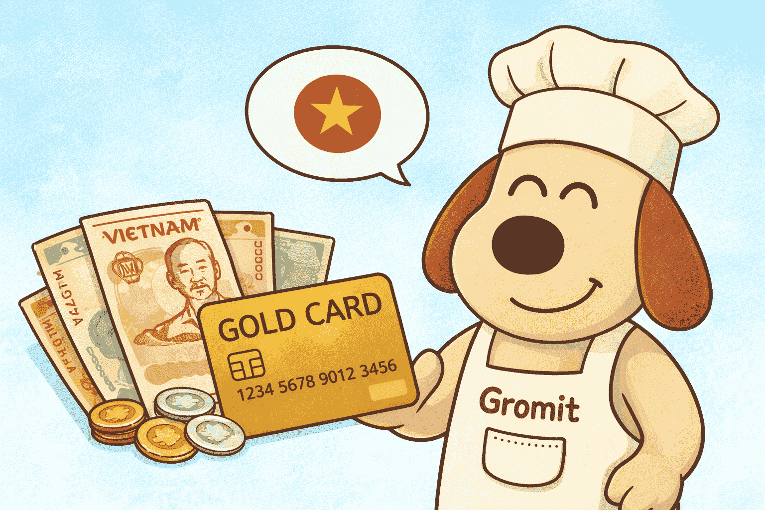 ベトナムドンとクレジットカードを持ってる犬